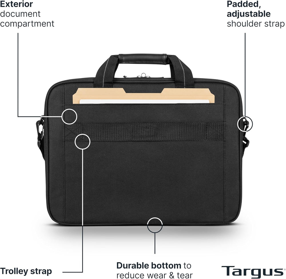 Targus 15-16 Inch Slim Lightweight Laptop Briefcase, Black - Messenger and Shoulder Bag with Padded Compartment and Trolley Strap for 16" Laptops (TCT027US)