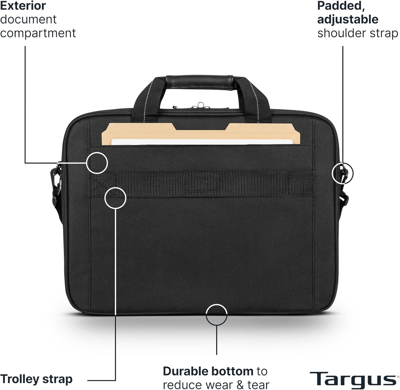 Targus 15-16 Inch Slim Lightweight Laptop Briefcase, Black - Messenger and Shoulder Bag with Padded Compartment and Trolley Strap for 16" Laptops (TCT027US)