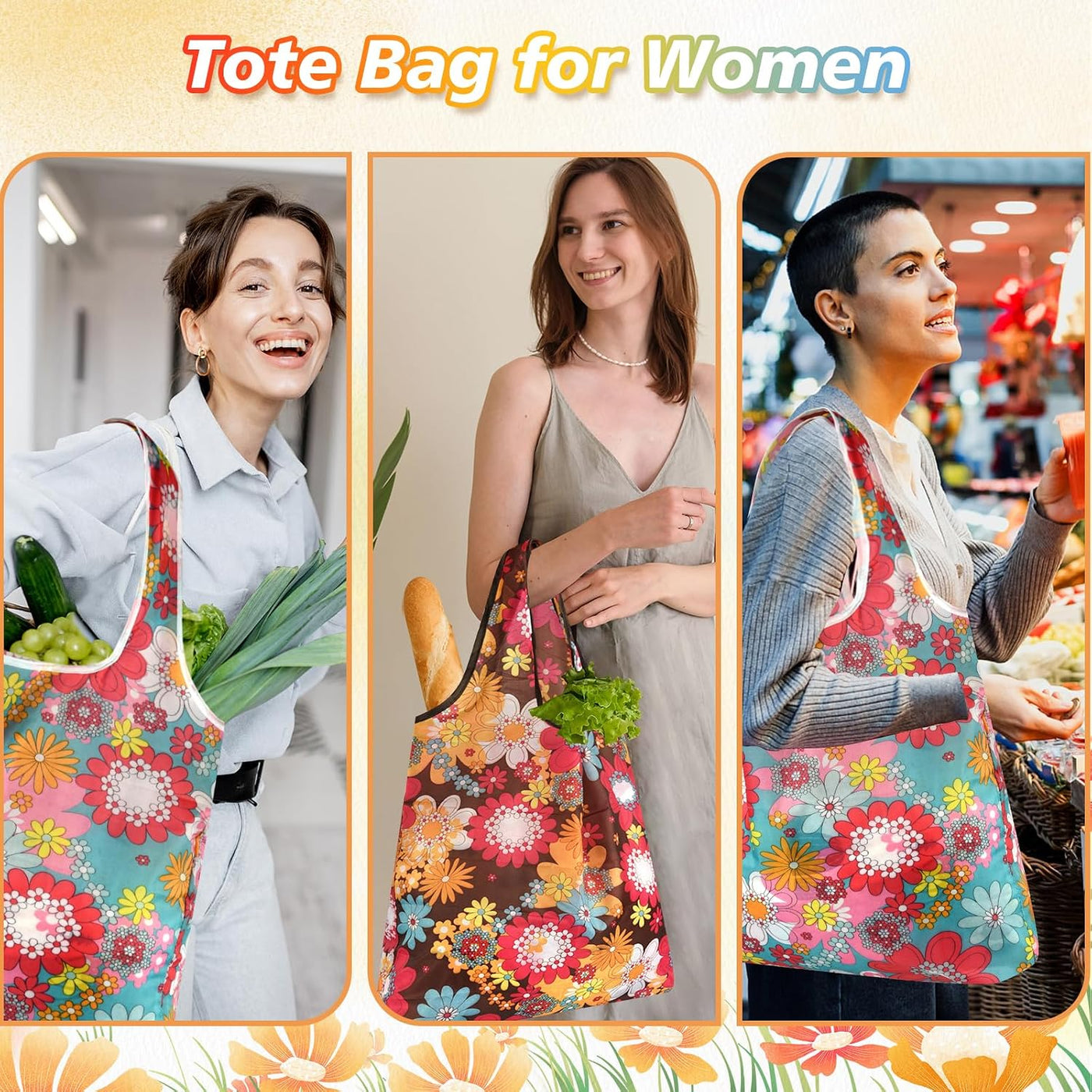 MIAHART Reusable Grocery Bags Foldable Groceries Shopping Bags Foldable Cute Tote Bags Fashion Bags Waterproof Nylon Grocery Bags (Flower Style)