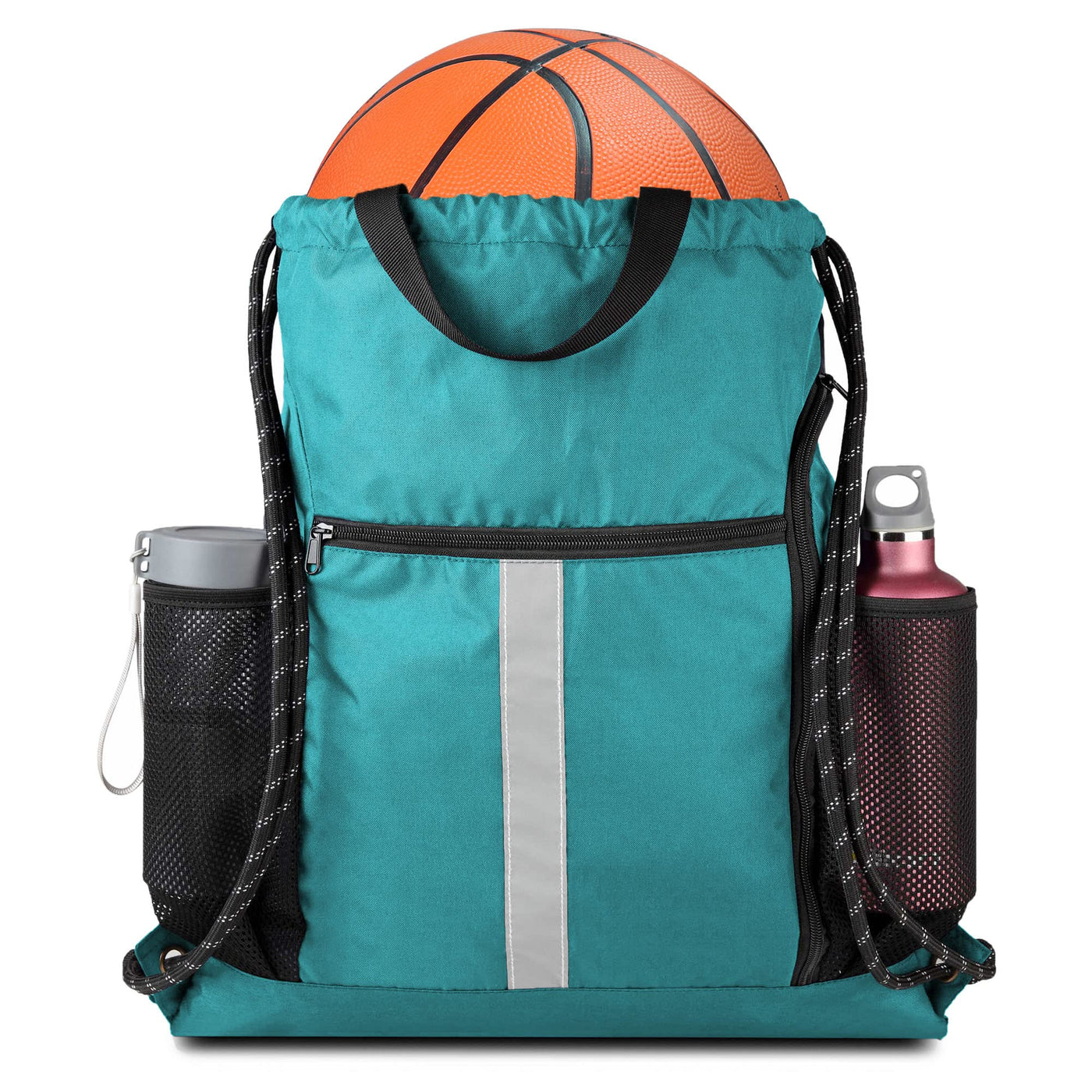BeeGreen Black Drawstring Backpack Gym Bag For Men Women String Sports Backpack With Water Bottle Mesh Pockets And 2 Zippered Pocket Large Cinch Sackpack Workout Bag 16" x 20"