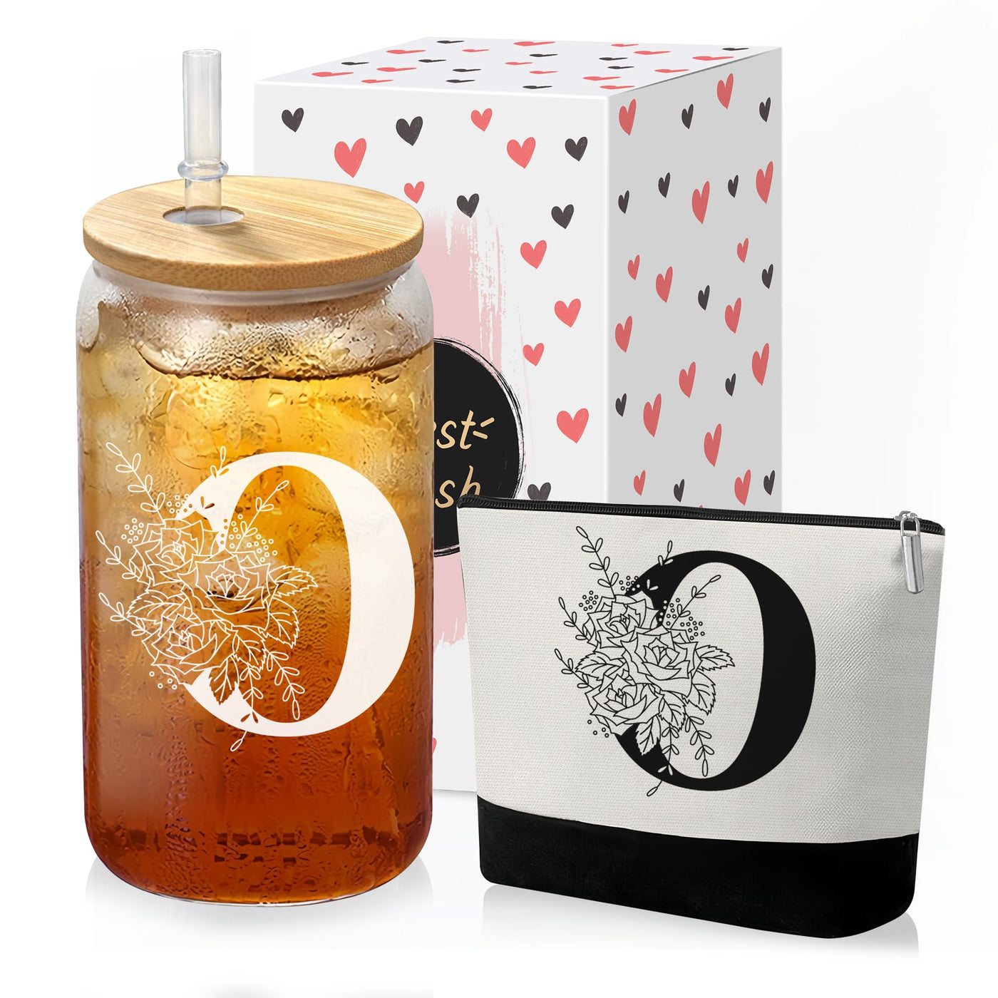 Custom Glass Cup & Makeup Bag Set - Personalized Gifts for Women, Initial 16 oz Glass Tumbler with Lid & Straw, Monogram Makeup Bag - Birthday Gifts For Women, Mother's Day Presents(S)