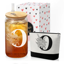 Custom Glass Cup & Makeup Bag Set - Personalized Gifts for Women, Initial 16 oz Glass Tumbler with Lid & Straw, Monogram Makeup Bag - Birthday Gifts For Women, Mother's Day Presents(S)