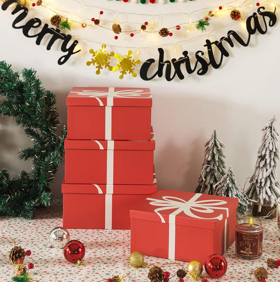 Soul & Lane Christmas Square Decorative Boxes with Lids - Set of 4 - Festive Red, Reusable Large Nesting Holiday Gift Boxes for Presents and Décor - hover image