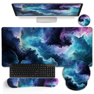LIMKRIAN Desk Mat Set, Large Gaming Mouse Pad with Wrist Rest, Ergonomic Mouse Pad Keyboard Mat Wrist Support, Cup Coaster, Home Office Desk Accessories Decor Supplies, Funny Black Cat