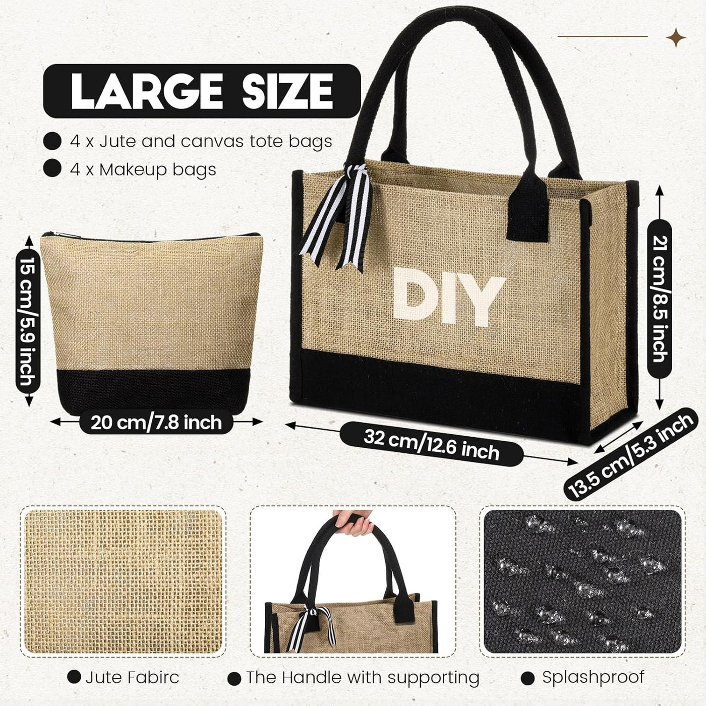 Sweetude 4 Set Jute Burlap Tote Bag with Canvas Makeup Pouch Reusable DIY Craft Blank Gift Bags for Wedding Bridesmaid(Simple,Black)