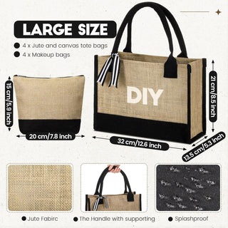 Sweetude 4 Set Jute Burlap Tote Bag with Canvas Makeup Pouch Reusable DIY Craft Blank Gift Bags for Wedding Bridesmaid(Simple,Black)