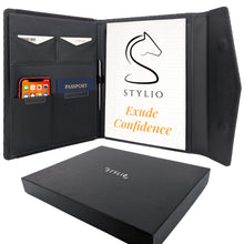 STYLIO Padfolio Portfolio Organizer Binder | Interview Resume Folder, Legal Document, Business Card Holder |w/Letter-Sized Notepad | Handsome Piano Noir Faux Leather Folio Matte Finish, Accent Stitch