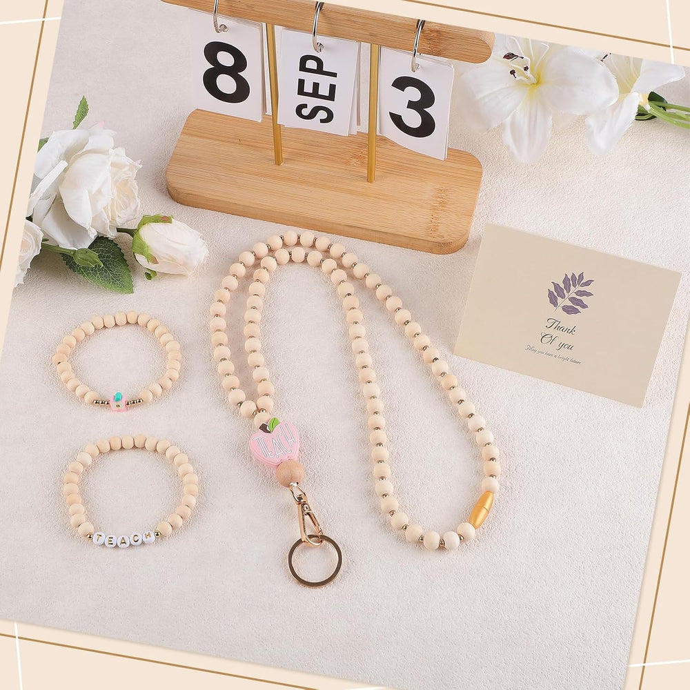 BESARME Teacher Appreciation Gifts, Teacher Gifts Teachers Bracelet with Wooden Beaded Teacher Lanyard Thank You Cards for Women
