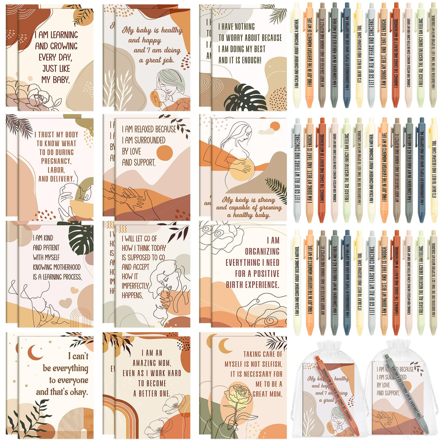 Mooliwe 24 Pcs Positive Affirmation Gift Set Gratitude Notebooks with Pens Small Bags Motivational Encouragement Notepads Daily Affirmations Journal for Women Stress Relief Self Care (Watercolor)