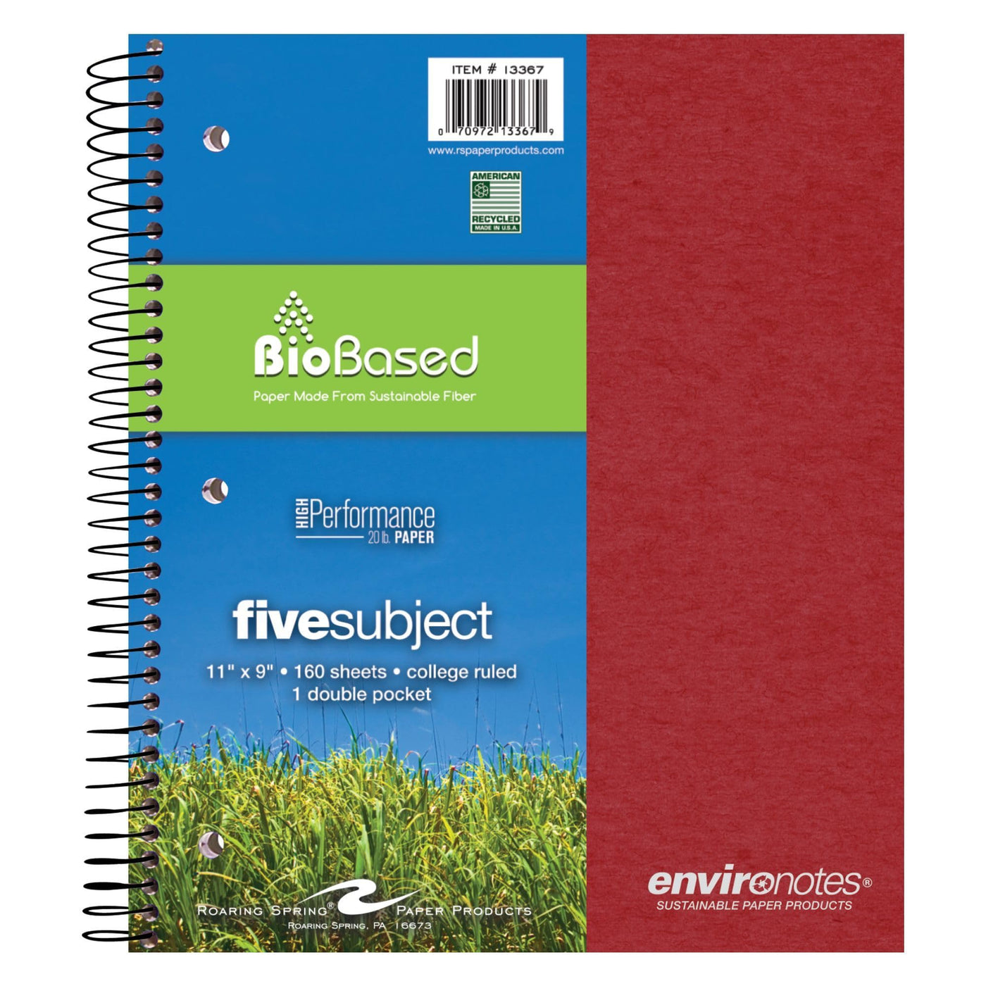 ROARING SPRING Environotes College Ruled Spiral Notebook, 1 Subject Recycled School Notebook with Storage Pocket, 11" x 9", 80 Perforated Sheets 20 lb Paper, 3 Hole Punched, Made in USA