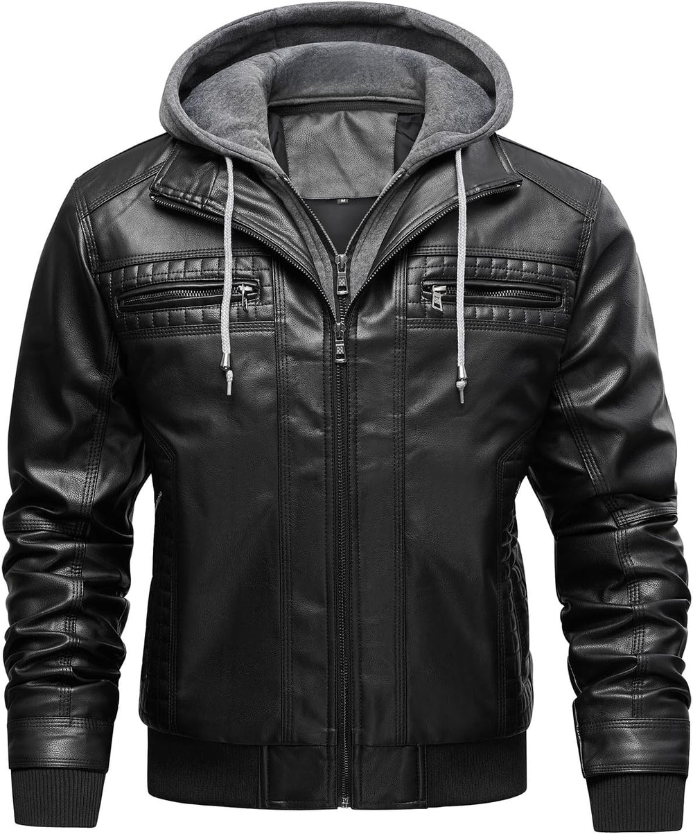 INVACHI Men's Leather Jacket Motorcycle Bomber Jacket Windproof PU Vintage Jacket with Removable Hood