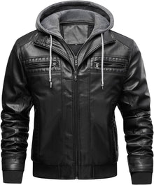 INVACHI Men's Leather Jacket Motorcycle Bomber Jacket Windproof PU Vintage Jacket with Removable Hood