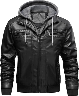 INVACHI Men's Leather Jacket Motorcycle Bomber Jacket Windproof PU Vintage Jacket with Removable Hood