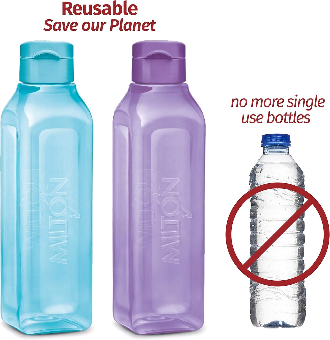 MILTON Sports Water Bottle Square Juice Box 4 Set 17 oz. Great for Juices Milk Smoothies Plastic Wide-Mouth Reusable Leak Proof Drink Bottle/Carton for School Bags Lunch Boxes Gym Flip Lid -BPA Free
