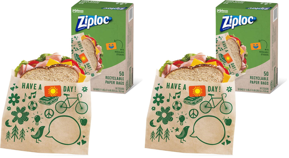 Ziploc Paper Sandwich and Snack Bags, Recyclable & Sealable with Fun Designs, 50 Bags Total