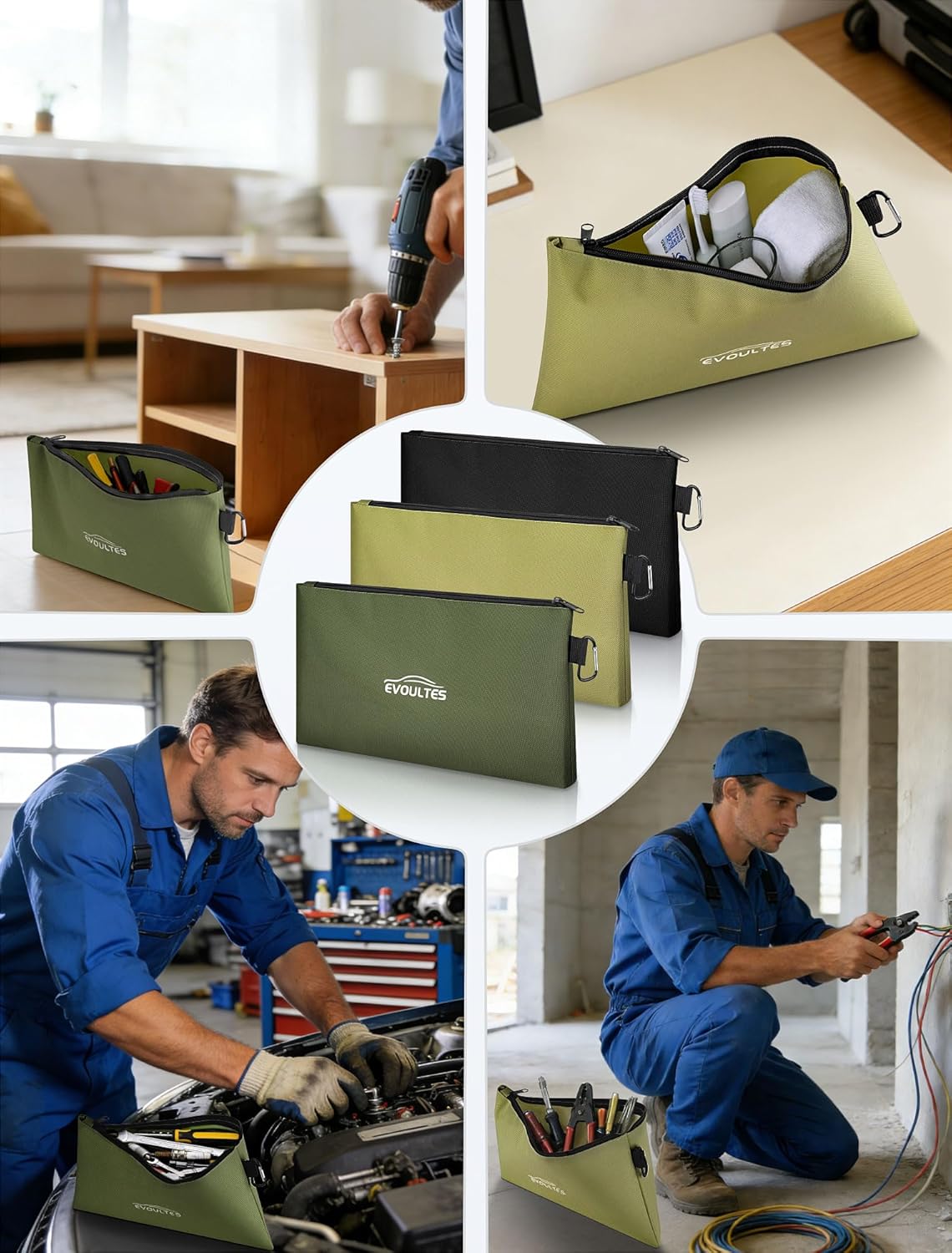 EVOULTES 12 Inch Tool Pouches with Zipper, Small Tools Bags with Carabiner, Multi Purpose Utility Organizer Bags for Tools (3 Pack in Tan, Navy Green, Black)