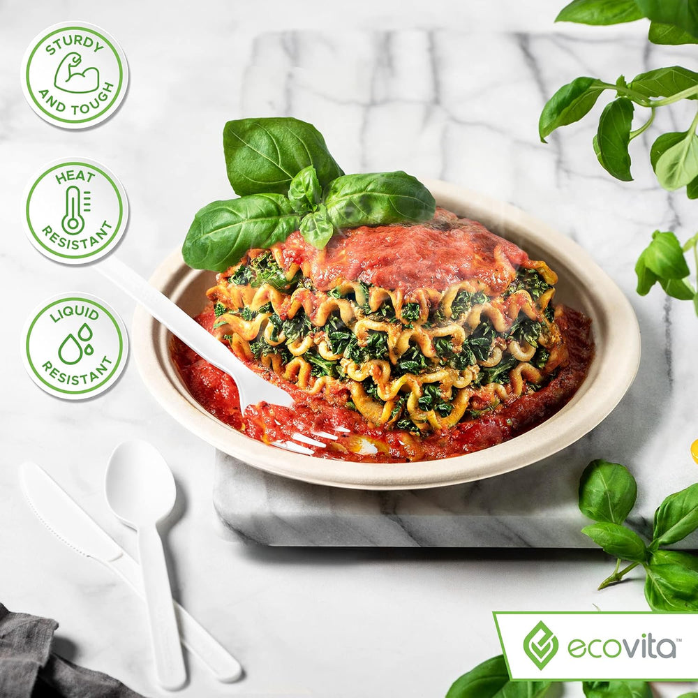 Ecovita 100% Compostable Forks Spoons Knives Cutlery Combo Set - 380 Large Disposable Utensils (7 in.) Eco Friendly Durable and Heat Resistant Alternative to Plastic Silverware with Convenient Tray