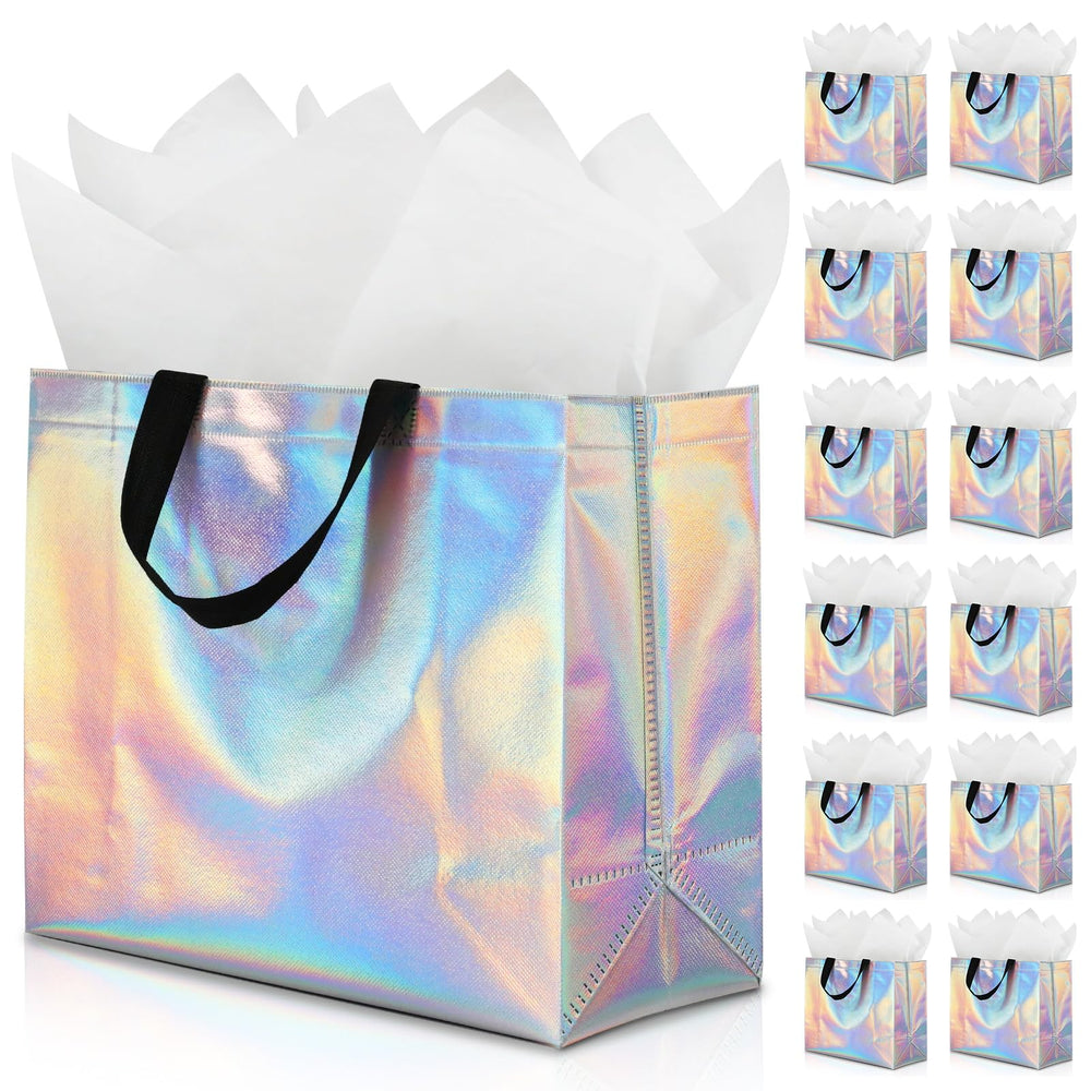 KeerxunBag 12Pcs Reusable Gift Bags（Includes Tissue Paper） Gift bag with handle Birthdays Parties Holidays Weddings Medium 13x5x11in colorful Gift Bags