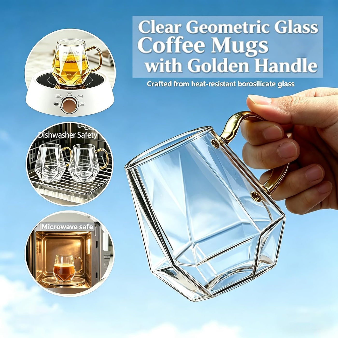 Glass Coffee Mugs with Gold Handle, Set of 2 Clear Geometric Glass Cups, 12 oz / 350 ml, Heat Resistant, Perfect for Latte, Cappuccino, Tea, Espresso Juice, Cocktails, Modern Kitchen & Barware
