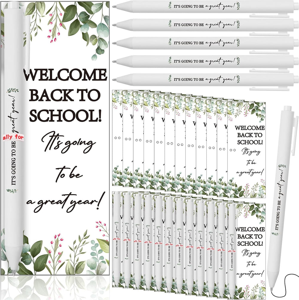 Dunzoom 50 Sets Welcome Back to School Gifts Include Greeting Cards and Inspirational Ballpoint Pens First Day of School Stationery Set for Teachers Students Reward Supplies(Paper,Classic Style)