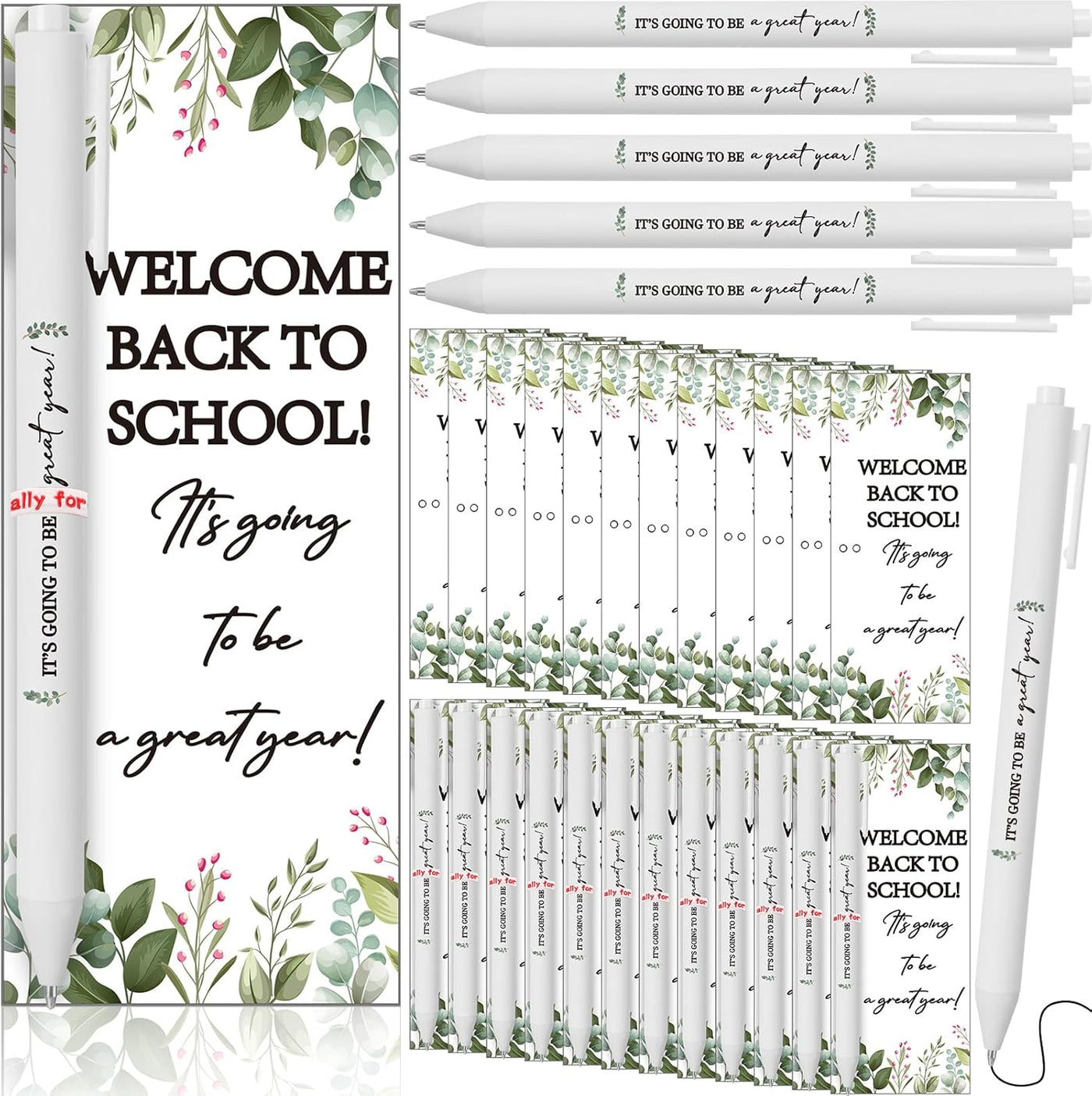 Dunzoom 50 Sets Welcome Back to School Gifts Include Greeting Cards and Inspirational Ballpoint Pens First Day of School Stationery Set for Teachers Students Reward Supplies(Paper,Classic Style)