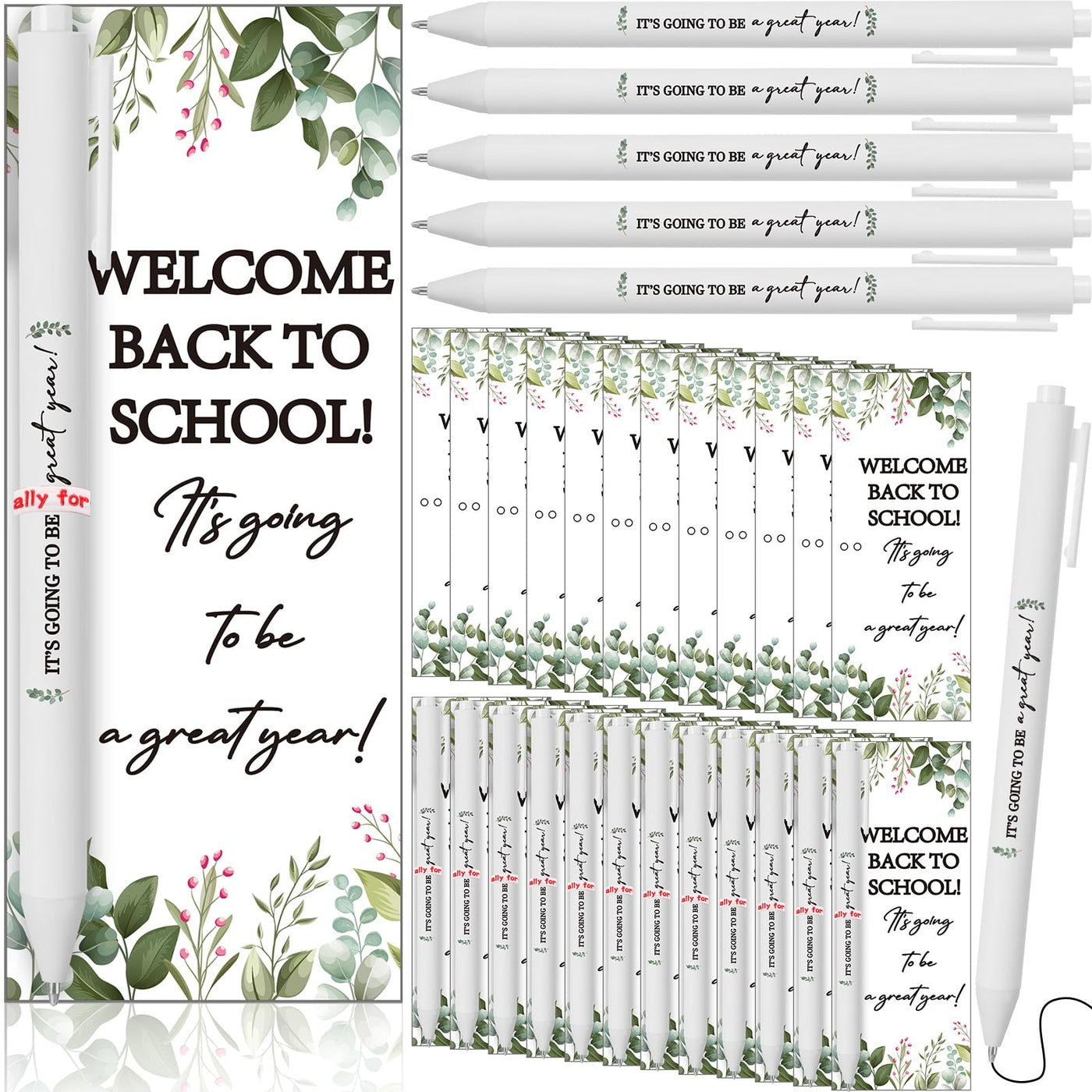 Dunzoom 50 Sets Welcome Back to School Gifts Include Greeting Cards and Inspirational Ballpoint Pens First Day of School Stationery Set for Teachers Students Reward Supplies(Paper,Fresh Style)