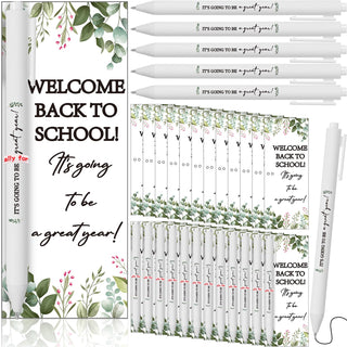 Dunzoom 50 Sets Welcome Back to School Gifts Include Greeting Cards and Inspirational Ballpoint Pens First Day of School Stationery Set for Teachers Students Reward Supplies(Paper,Classic Style)