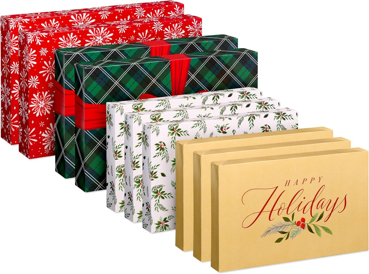 American Greetings Christmas Gift Boxes, Red, White and Silver Christmas Patterns (12-Boxes, 14.75 in. x 9.5 in.)