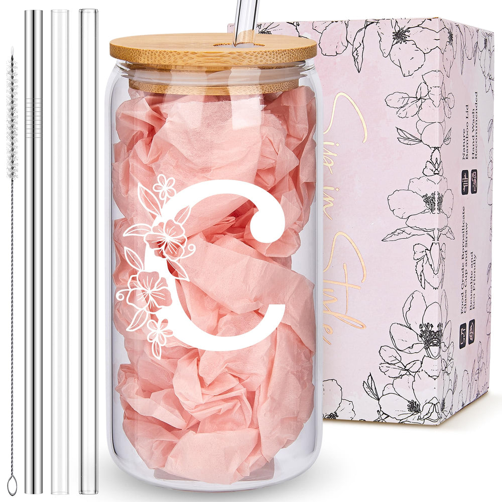 Personalized Tumbler, Monogrammed Can Glass Cups with Bamboo Lids and Straws, Customized Gifts for Women, Cute Design Initial Iced Coffee glasses, Custom Letter Mug, Birthday Bridesmaid, W