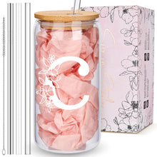 Personalized Tumbler, Monogrammed Can Glass Cups with Bamboo Lids and Straws, Customized Gifts for Women, Cute Design Initial Iced Coffee glasses, Custom Letter Mug, Birthday Bridesmaid, W