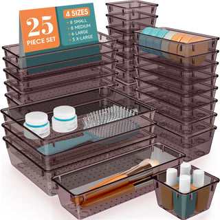 WOWBOX 25 PCS Clear Plastic Drawer Organizer Set, 4 Sizes Desk Drawer Divider Organizers and Storage Bins for Makeup, Jewelry, Gadgets for Kitchen, Bedroom, Bathroom, Office