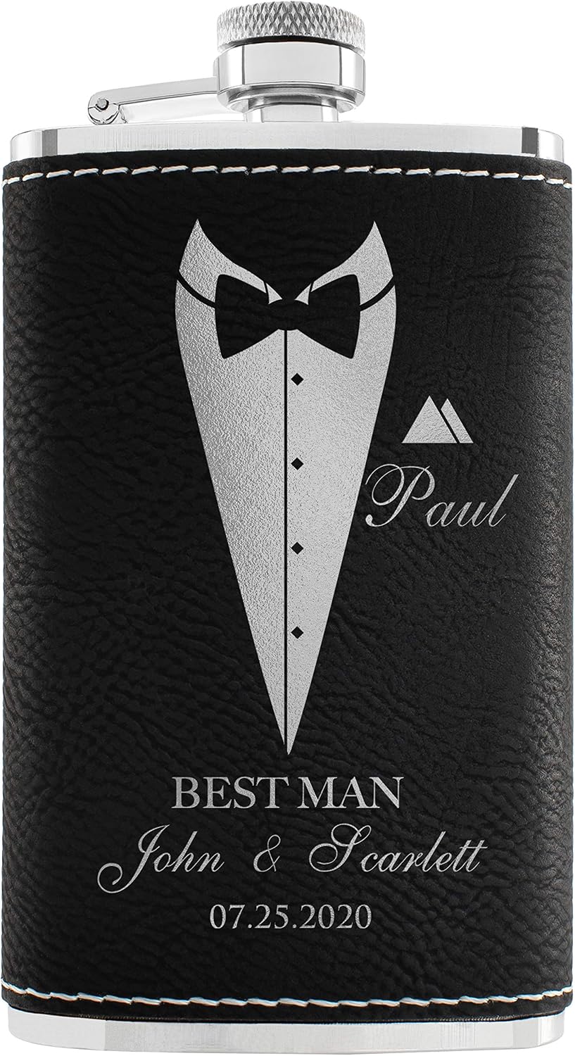 Groomsmen Gifts, Personalized Hip Flasks, Groomsmen Proposal, 6 Oz Engraved Leatherette Flasks for Men, Best Man Gifts for Wedding, Groomsmen Gifts for Wedding - Black #2