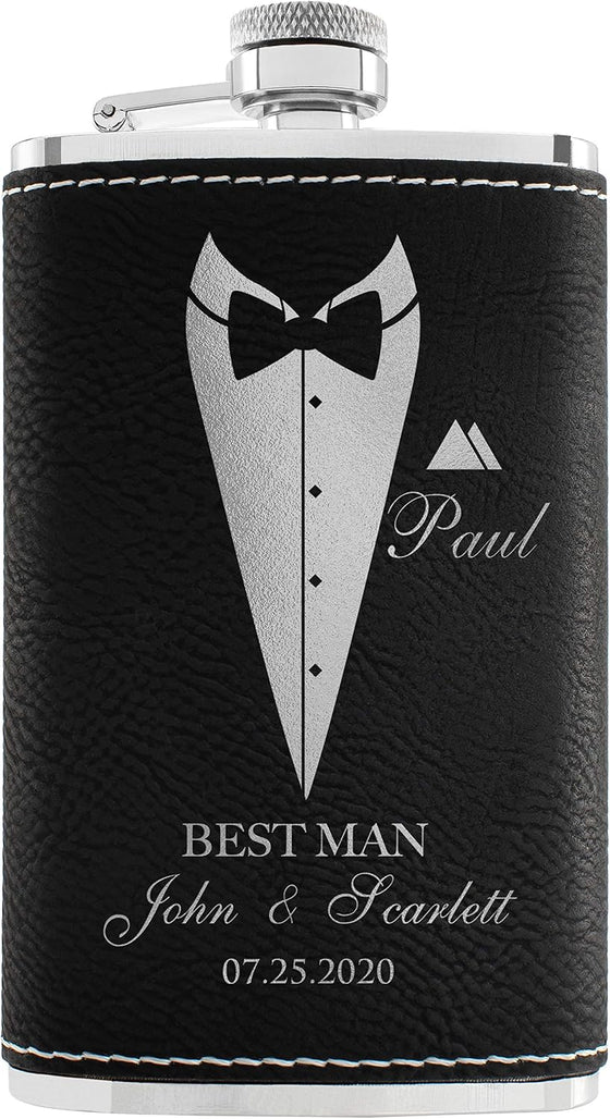 Groomsmen Gifts, Personalized Hip Flasks, Groomsmen Proposal, 6 Oz Engraved Leatherette Flasks for Men, Best Man Gifts for Wedding, Groomsmen Gifts for Wedding - Black #2