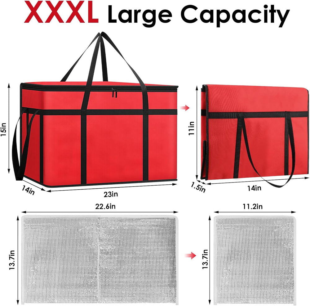 2 Pack Insulated Food Delivery Bags with Removable Hard Bottom 65lb Capacity One Red One Black Triple Layer Thermal Catering Tote Flat Folding Pizza Warmer Cooler Bag for Car Rideshare Transport