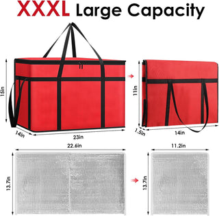 2 Pack Insulated Food Delivery Bags with Removable Hard Bottom 65lb Capacity One Red One Black Triple Layer Thermal Catering Tote Flat Folding Pizza Warmer Cooler Bag for Car Rideshare Transport