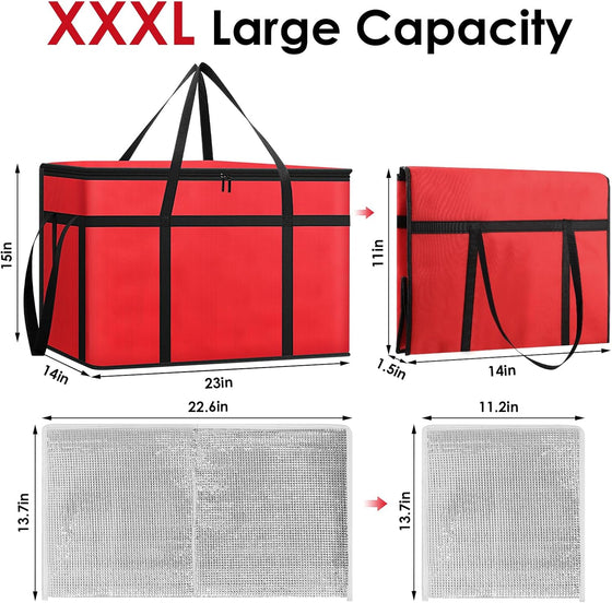 2 Pack Insulated Food Delivery Bags with Removable Hard Bottom 65lb Capacity One Red One Black Triple Layer Thermal Catering Tote Flat Folding Pizza Warmer Cooler Bag for Car Rideshare Transport - hover image
