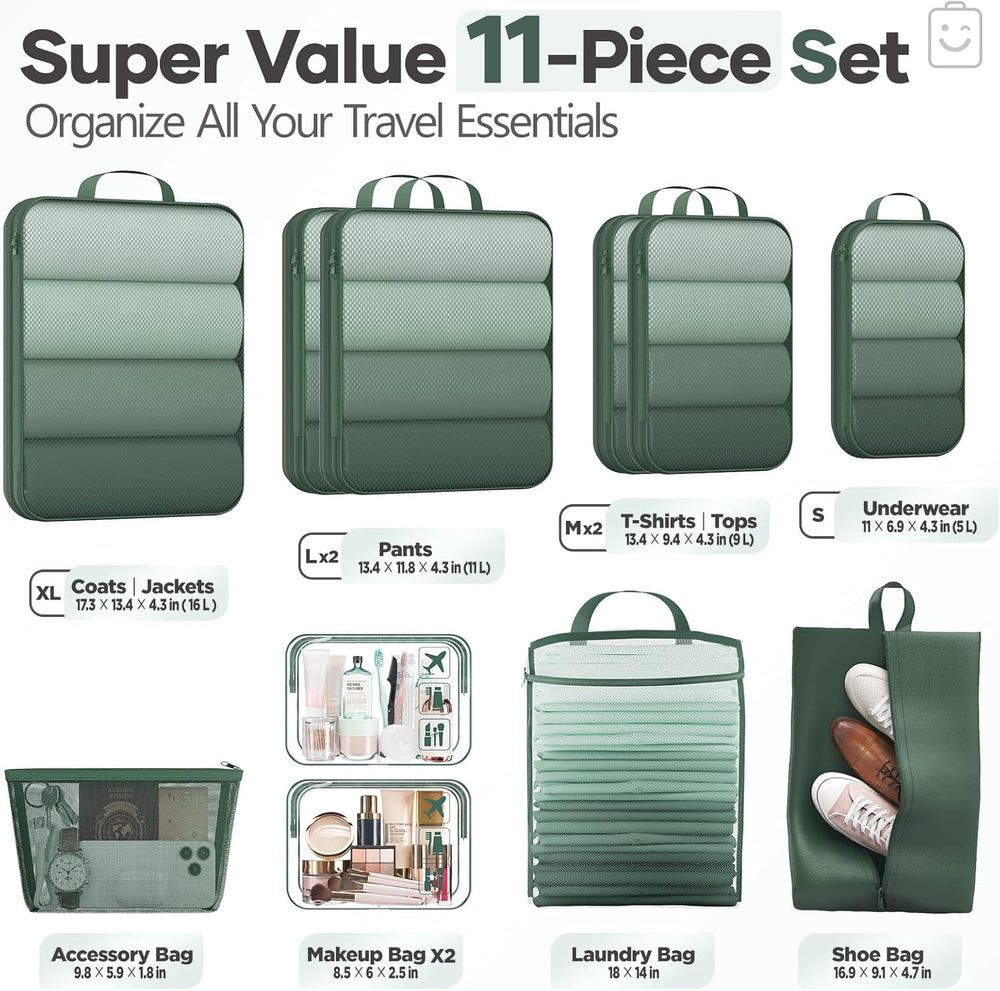 Veken 11-Pack Compression Packing Cubes for Travel Essentials,Compressible Expandable Large Luggage Suitcase Organizer Bags for Clothing,Durable Space Saver Bags with Toiletry Bags(Dark Green)
