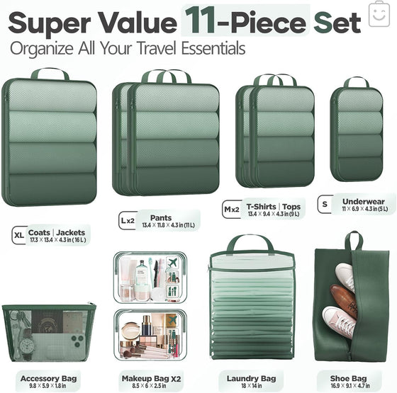 Veken 11-Pack Compression Packing Cubes for Travel Essentials,Compressible Expandable Large Luggage Suitcase Organizer Bags for Clothing,Durable Space Saver Bags with Toiletry Bags(Dark Green) - hover image