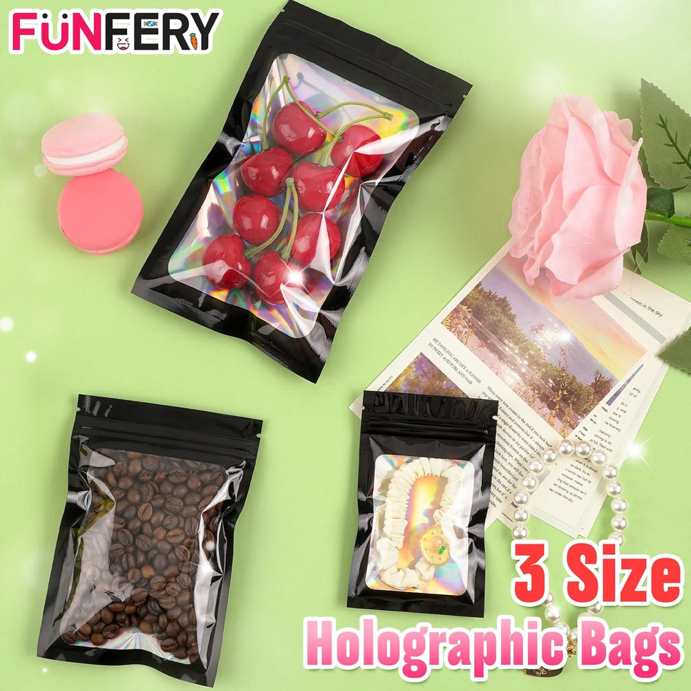 Funfery 300 Pack 3 Size Mylar Holographic Bags with Clear Window,Resealable Bag Smell Proof Bags Zipper Foil Baggie Packaging Pouch for Food Storage,Sample,Small Business(Black,3x4.7,4x6,4.7x7.9in)