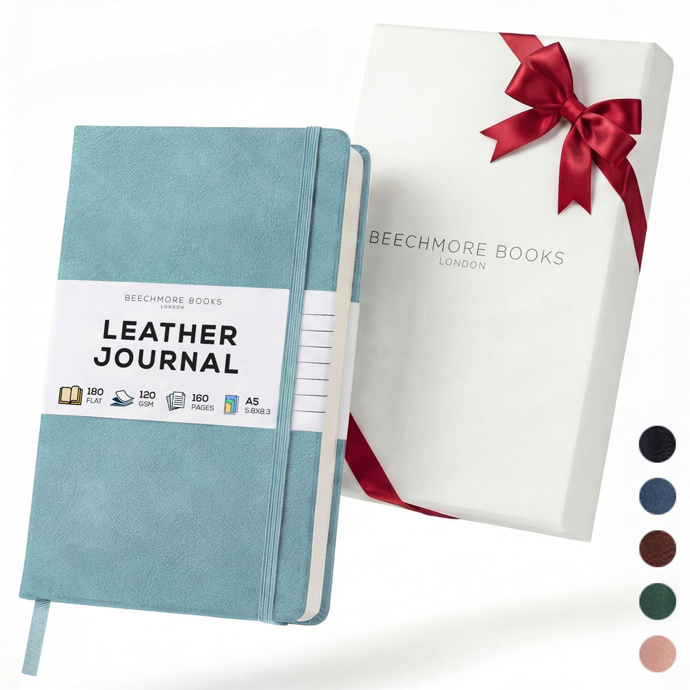 BEECHMORE BOOKS Premium Lined Leather Journal for Men & Women, 5" x 8" (A5) Thick 120gsm Ivory Cream Paper Notebook, Hardcover Vegan Leather Personal Diary, With Gift Box (Chestnut Brown)