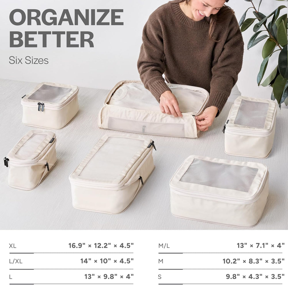 Aerotrunk Compression Packing Cubes for Travel - Luggage Organizer Bags - Double Zipper Packing Cubes for Suitcases (6-Pack, Beige)
