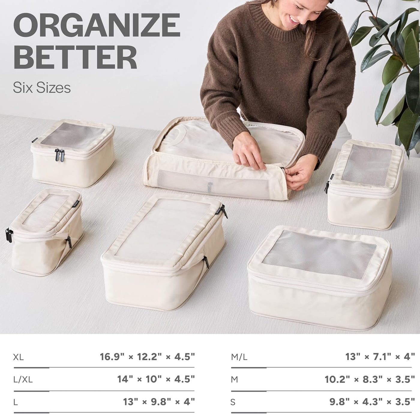Aerotrunk Compression Packing Cubes for Travel - Luggage Organizer Bags - Double Zipper Packing Cubes for Suitcases (6-Pack, Beige)