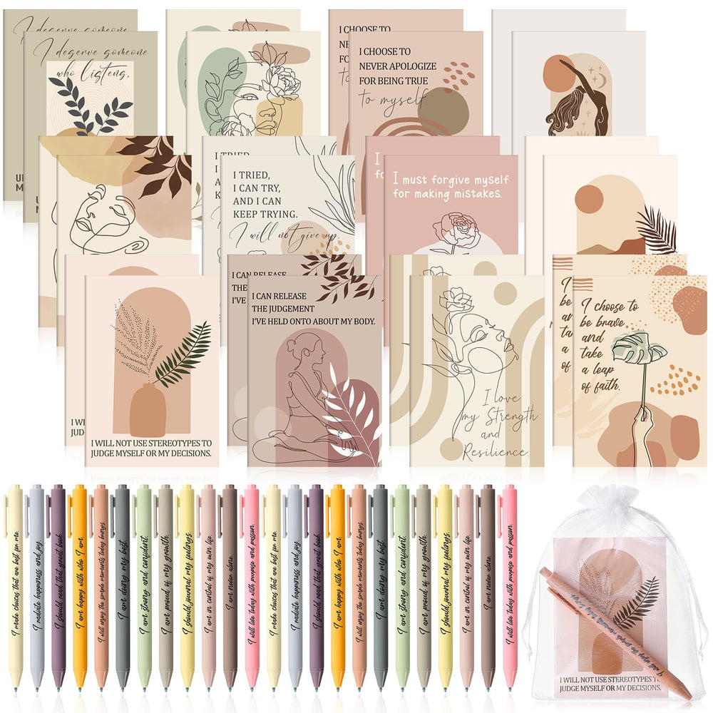 Mooliwe 24 Pcs Positive Affirmation Gift Set Gratitude Notebooks with Pens Small Bags Motivational Encouragement Notepads Daily Affirmations Journal for Women Stress Relief Self Care (Watercolor)