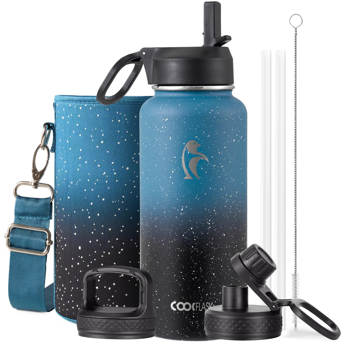 Water Bottle 40 oz Insulated with Straw&Brush, Coolflask Vaccum Stainless Steel Metal 3 Lids Water Flask for Sports, Gym or Office, Keep Cold 48H Hot 24H, Magic Black