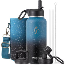 Water Bottle 40 oz Insulated with Straw&Brush, Coolflask Vaccum Stainless Steel Metal 3 Lids Water Flask for Sports, Gym or Office, Keep Cold 48H Hot 24H, Magic Black
