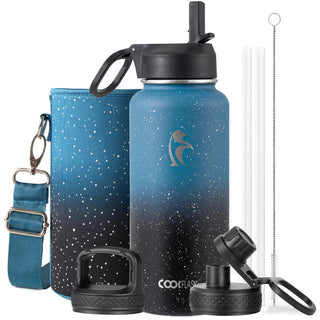 Water Bottle 40 oz Insulated with Straw&Brush, Coolflask Vaccum Stainless Steel Metal 3 Lids Water Flask for Sports, Gym or Office, Keep Cold 48H Hot 24H, Magic Black