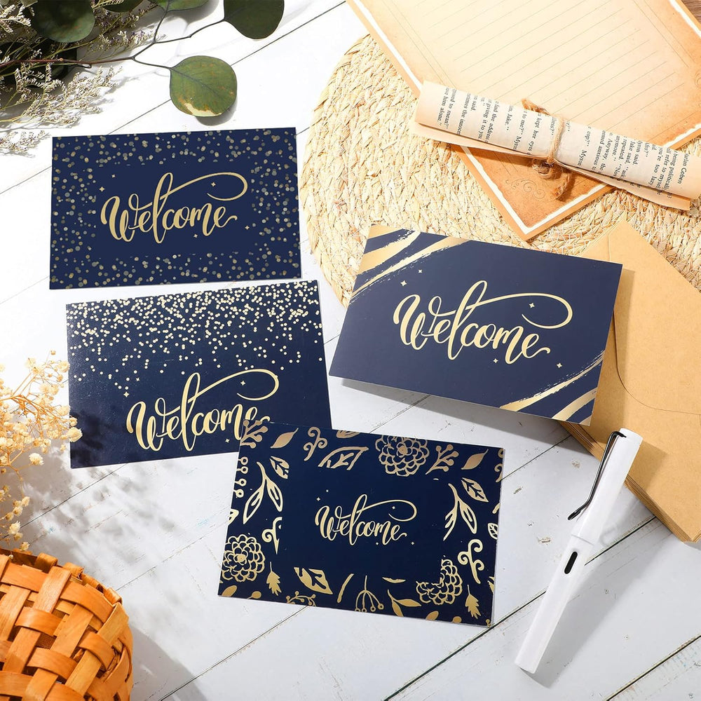 Fumete 72 Sets Bulk Welcome Card Golden for Guest with Kraft Envelope Sticker Blank 6x4 in Interior Welcomes Note Card Paper Hotel Business Greeting Postcard Wedding Employee Team (Blue)
