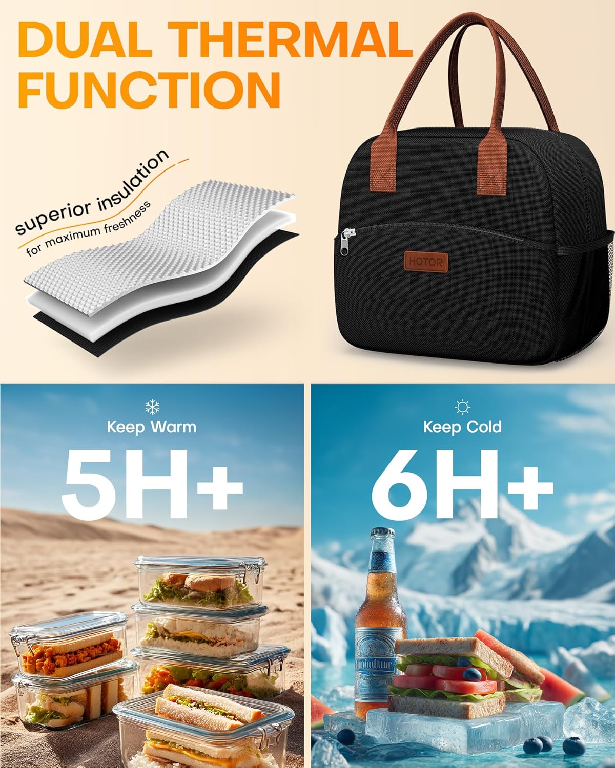 HOTOR Lunch Bag for Women & Men - Wear-Resistant Insulated Lunch Box with Large Capacity, Multi-Functional Cooler Bag for Office, Picnic, Black, 10L,10.60" x 5.90" x 9.50"