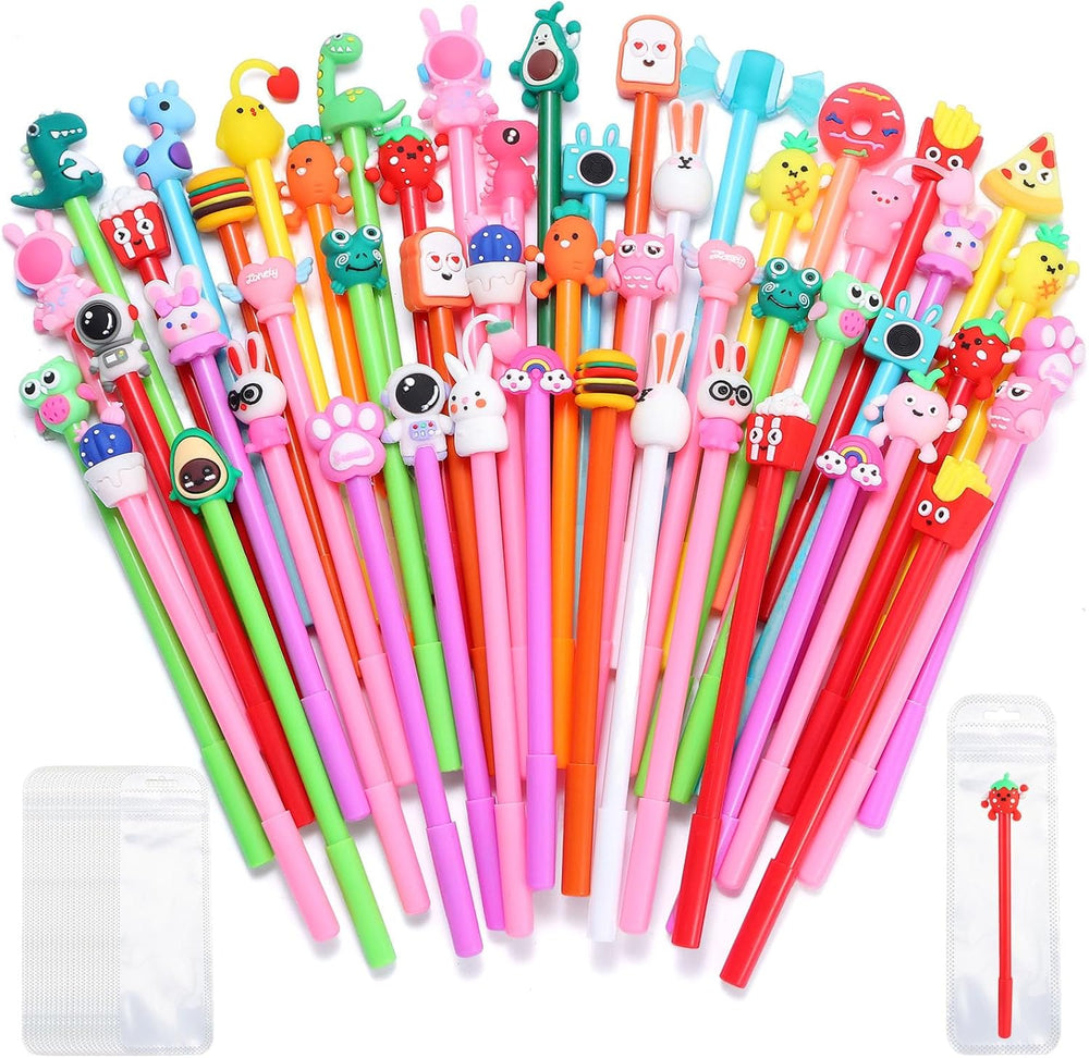 TOEMUR 140 Pcs Cute Pens Set - 70 Fun Character Pens Bulk with 70 Pen Bags, Animal & Cartoon Gel Pen for friends, Office, Birthday & Christmas Gifts, Party Favors (Colorful)