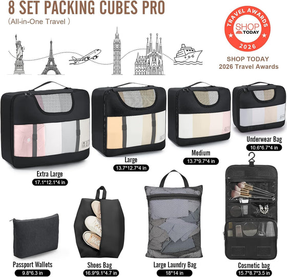 Veken 10 Set/8 Set Packing Cubes for Travel Essentials,Anti-Wrinkle Buckled Suitcase Organizer for Shoe & Toiletry Bag,Carry On Luggage Bag for Airplane & College Dorm Room Accessories,Women Men Gifts - hover image